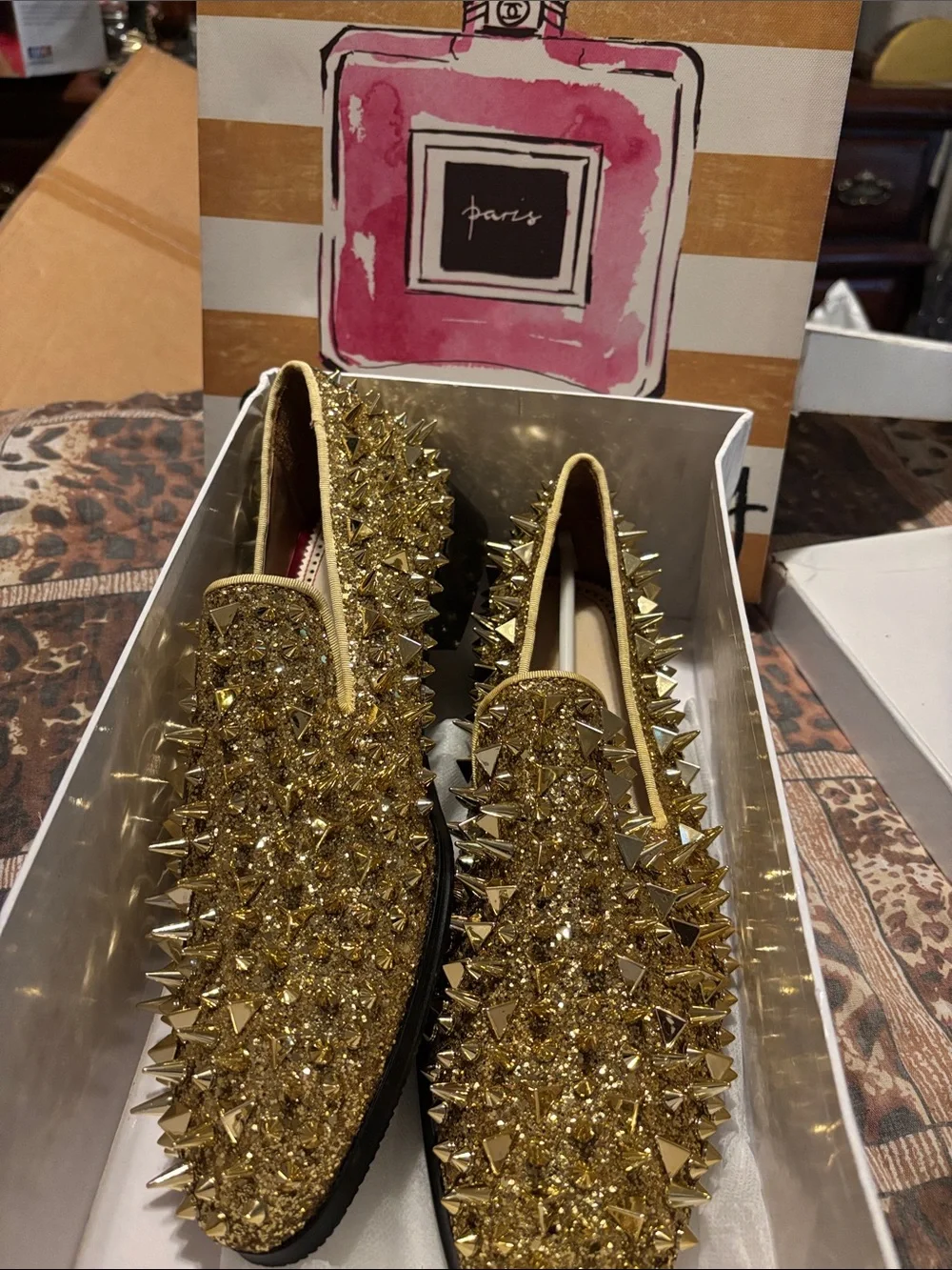 Men’s Gold Spike Embellished Slip-On Loafers
